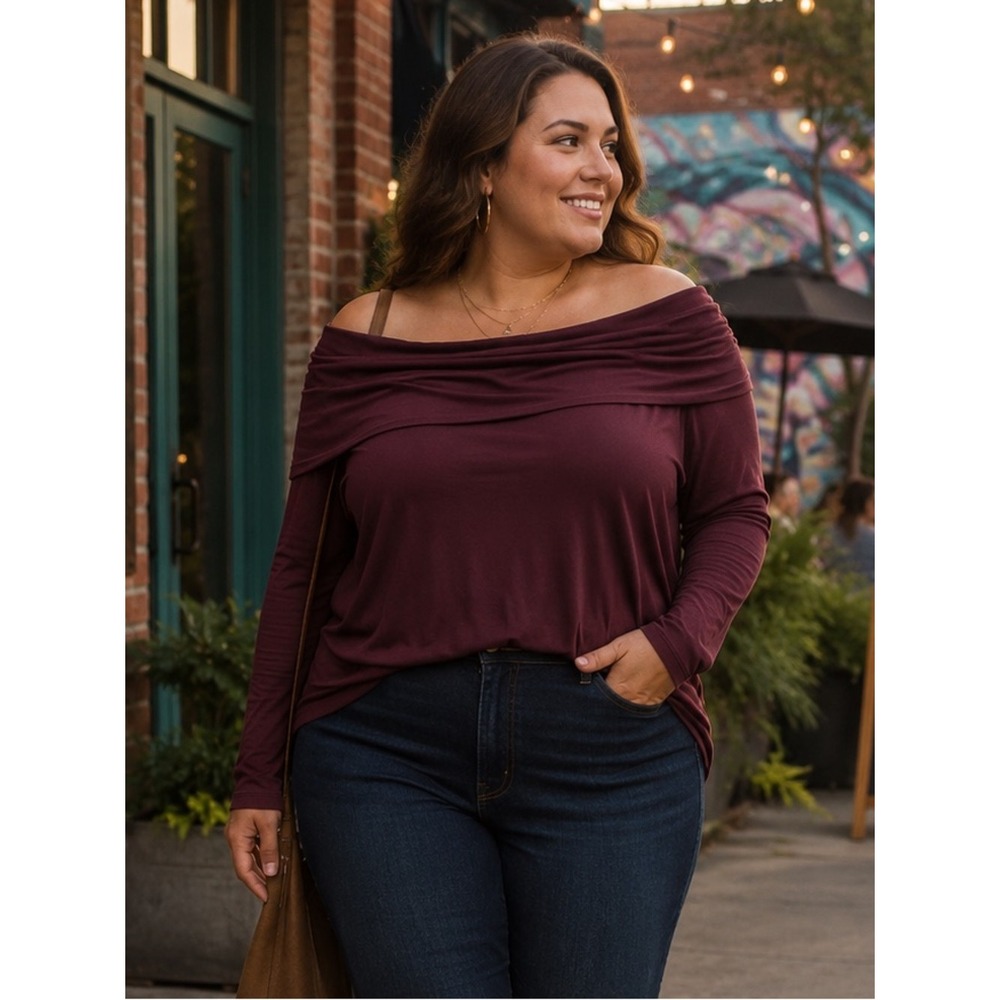 Forever 21 Plus Aubergine Off Shoulder‎ Knit Top 2X Burgundy Long Sleeve NWT